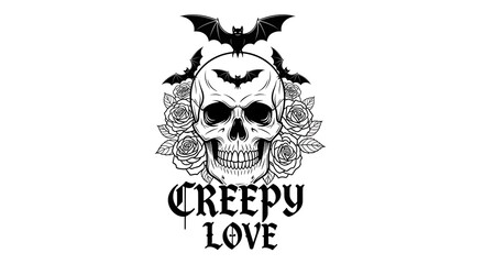 Fototapeta premium Skull and Roses with Creepy Love Typography, Black Bats
