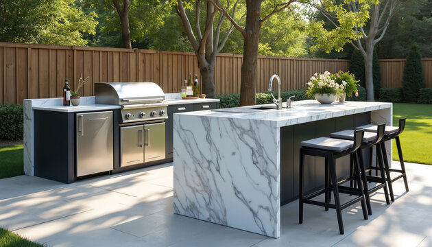 Modern outdoor kitchen features sleek marble island with stainless steel appliances, including grill, refrigerator. Three black metal bar stools with grey cushions offer seating around island,