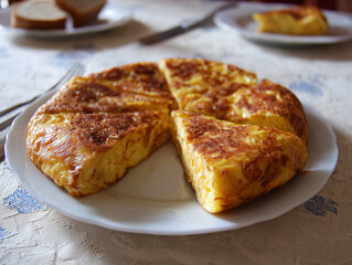 Tortilla de patatas tradicional servida en plato blanco, cortada en porciones triangulares, acompañada de pan y utensilios sobre mantel decorado, la cocina española casera. Gastronomía de España.