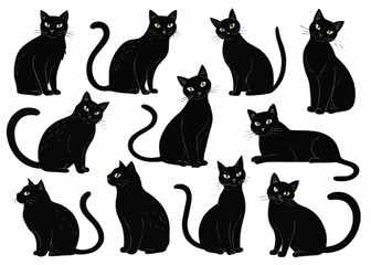 A collection of eleven black cats in various poses with bright yellow eyes on a white background art design