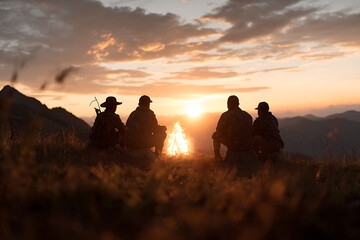 outdoor gatherings, friends gather around a campfire after a hunting excursion