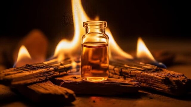 Alchemical Essence: Glass Bottle on Burning Wood, Flames & Shadows, Mystical Ritual