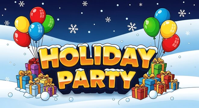 Festive Holiday Party Illustration with Gifts and Colorful Balloons - Powered by Adobe