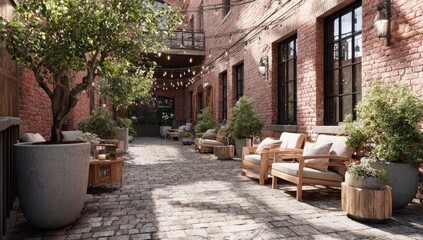 Obraz premium Sunny courtyard with patio furniture