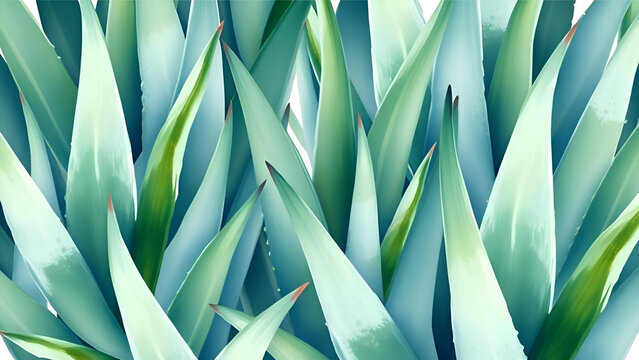 Close-up view of succulent agave plant leaves with a vibrant, cool green hue and sharp tips.