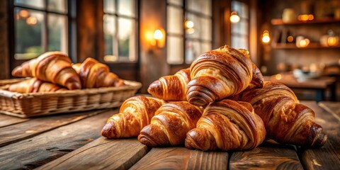 Freshly baked croissants on a wooden table in a cozy French bakery
