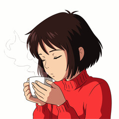This charming anime illustration captures a peaceful woman experiencing deep self-awareness and mental well-being during a quiet, reflective moment with her warm beverage.