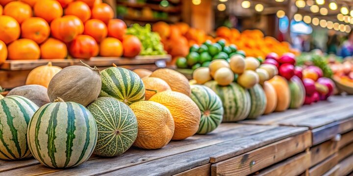 Fresh melon and cantaloupe displayed on a wooden table in a bustling market stall