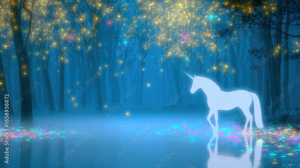 Poster magical unicorn standing in a shimmering forest at twilight with glowing lights