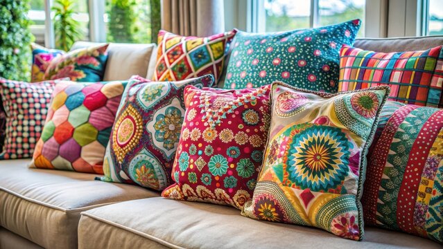 Colorful and Patterned Decorative Pillows in a Living Room