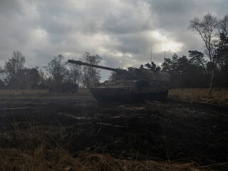 Fototapeta premium Military tank with crew members in field setting under cloudy sky