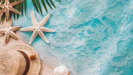 A tropical beach scene with ocean waves, palm trees, shells, a straw hat, and a relaxing atmosphere.