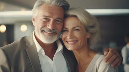 A content elderly couple sharing a joyful moment together, showing affection with a warm smile.