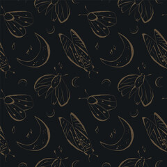 Mystical moths seamless pattern with moon stars in gold on black for home decor stationery fabric and wrapping paper Vector illustration