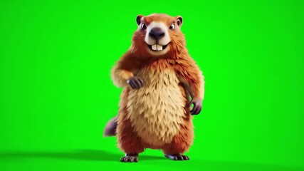 Happy 3D Animated Groundhog Character Dancing Playfully on a Green Screen Background