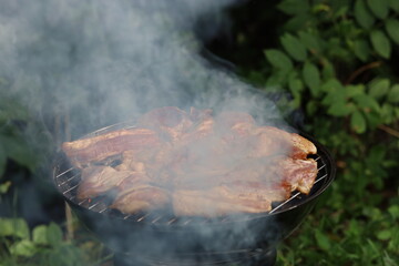 Grilled barbecue meat skewers cooking on fire