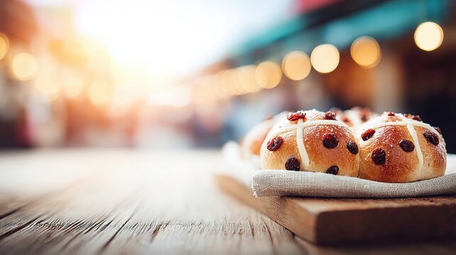 Freshly baked hot cross buns on display at a bakery during sunset - Powered by Adobe