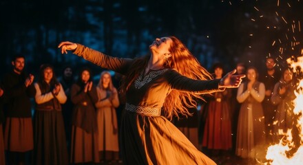 Obraz premium Woman dancing euphorically by a large bonfire at night during a winter solstice ritual, surrounded by people, pagan Christmas celebration