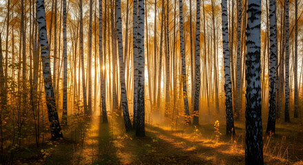 Obraz premium Golden Birch Forest at Sunrise with Sunbeams Casting Long Shadows