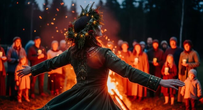 Woman in folk dress and Christmas wreath dances during an outdoor pagan Christmas celebration, surrounded by people and fire.