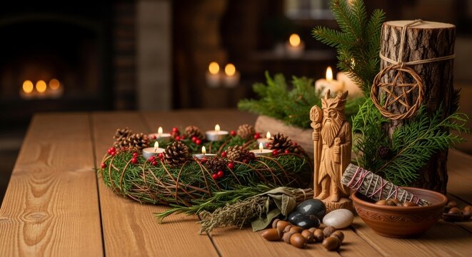 Yule altar display with candles, winter greens, and pagan symbols like a cernunnos statue. Celebration for winter solstice.