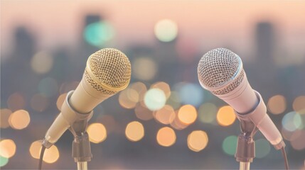 Microphones ready for a lively performance against a city skyline