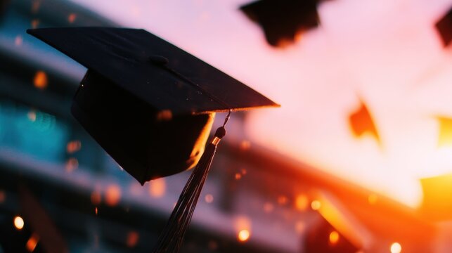 Graduation caps thrown in celebration at sunset during a memorable ceremony