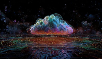 Colorful cloud-like form over a circuit board