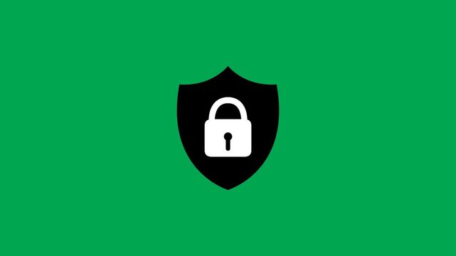 Black and white security shield icon animation with locked padlock on green screen. 4K animated perfect for motion graphics, security, business, and overlays.