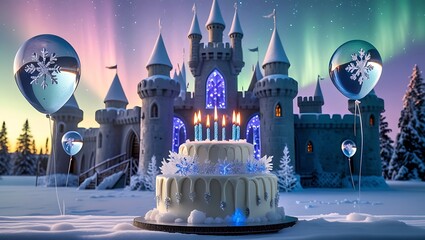 Magical winter birthday celebration with enchanted castle, festive cake, and aurora borealis sky
