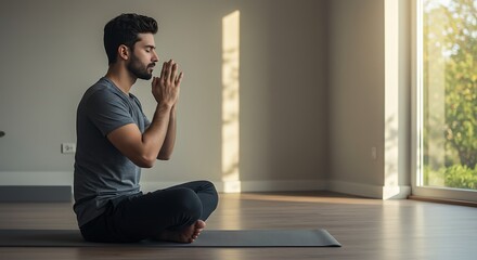 Serene Meditation: A man with closed eyes in deep meditation, a moment of peace in a sunlit room with focused energy. 
