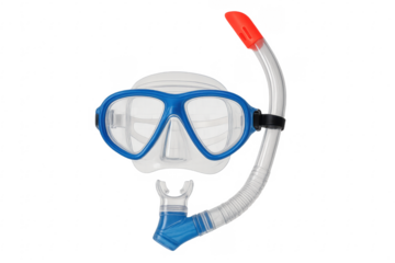 Blue diving mask and snorkel on transparent background