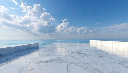 White marble platform overlooking a vast ocean