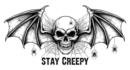 Fototapeta premium Eerie Skull with Bat Wings and Spiderwebs Graphic Illustration