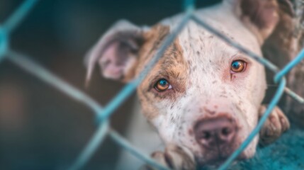 Dog looking through a fence in an animal shelter in the afternoon light