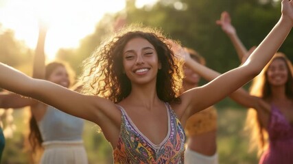A woman in a colorful swimsuit dancing with her arms open wide, surrounded by others celebrating outdoors. - Powered by Adobe