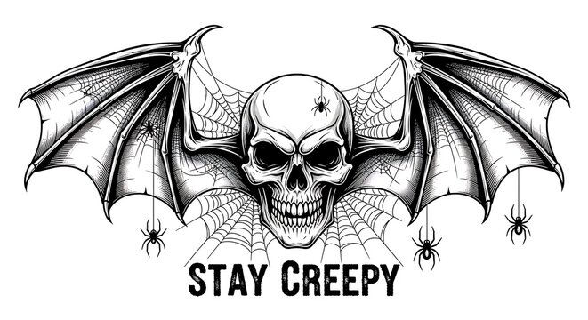 Eerie Skull with Bat Wings and Spiderwebs Graphic Illustration
