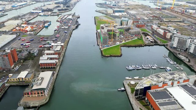 Aerial drone view of the Belfast Harbour in Northern Ireland in daylight
