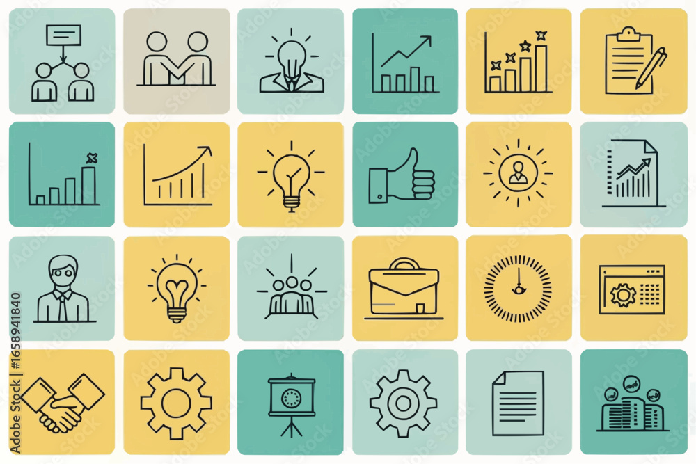 Poster assorted business and management icons arranged in a square grid with various concepts depicted nice