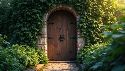 Fototapeta premium Enigmatic wooden door set within stone archway, completely overgrown with rich green foliage. Brick pathway leads to secret entrance, creating mysterious, charming rustic ambience with dappled light,