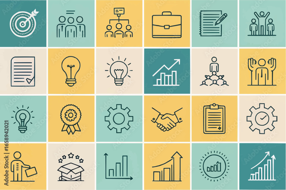 Poster illustration of business and management icons arranged in a grid pattern with varied backgrounds