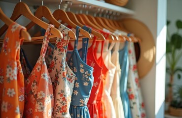 Colorful floral summer dresses hang on wooden hangers in closet. Boutique retail display features bohemian feminine style clothing. Spring collection includes floral patterns, vibrant colors, light