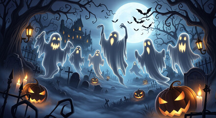Spooky halloween night scene with ghosts pumpkins and a haunted house under a full moon and bats