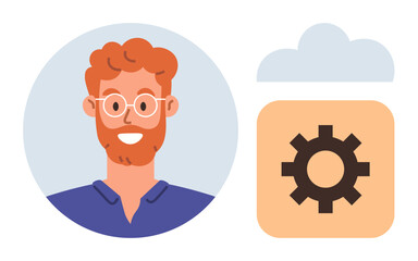 Smiling man with glasses and red hair, illustrated next to a gear and cloud icon for technology, customization, and user preferences. Ideal for tech, user interface, profile, innovation, product