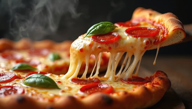 Hot pepperoni pizza slice with fresh basil, melted mozzarella cheese stretching in long strands. Delicious Italian comfort food, perfect for dinner take-out from pizzeria. Savoury, tasty, indulgent,
