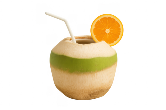 Fresh green coconut with straw and orange slice on transparent background