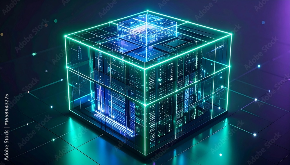 Fototapete futuristic digital cube abstract illustration of a cybernetic structure with glowing lines and techn