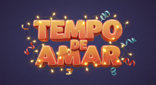 Tempo de amar text with lights and confetti on a dark blue background festive and celebratory