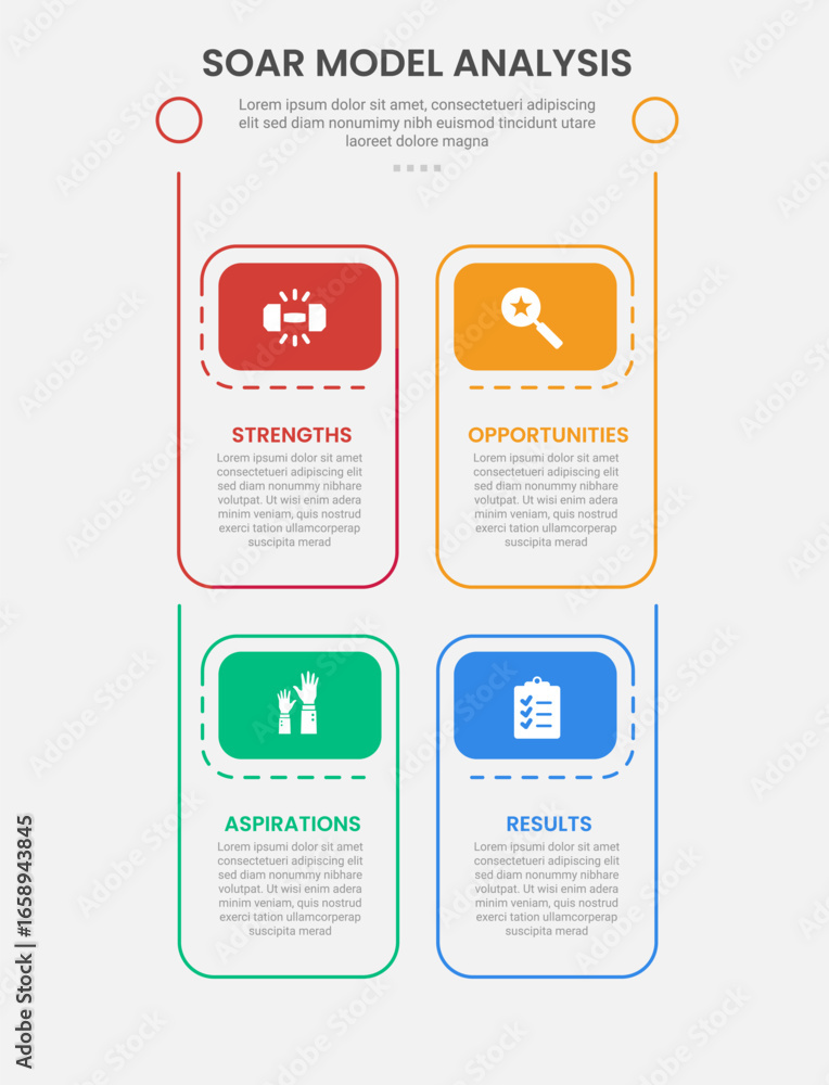 Poster soar model analysis infographic outline style with vertical box structure with header badge 4 point 