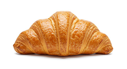 A single golden brown croissant isolated on a white background with visible flaky layers and texture